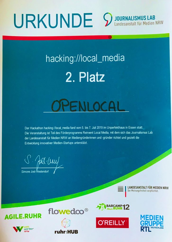 Crossmedia: Urkunde 2. Platz Hackathon hacking://local_media für Open Local